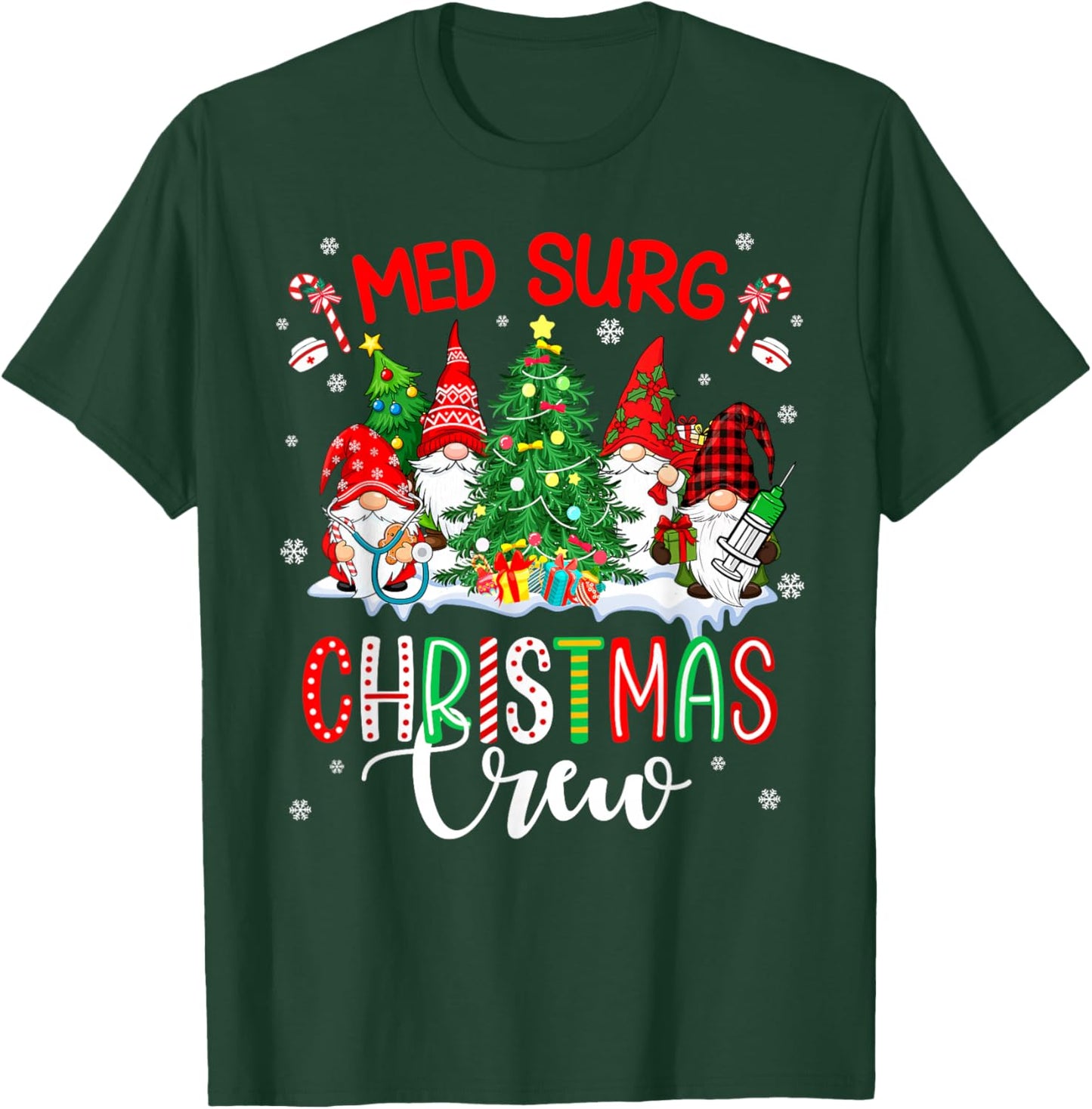 Med Surg Christmas Crew Group Gnomes Decorating Xmas Tree T-Shirt - T-Shirt | Forest