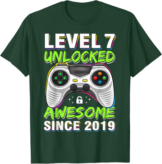 Level 7 Unlocked Awesome Since 2019 7th Birthday Gaming Boys T-Shirt - T-Shirt | Forest