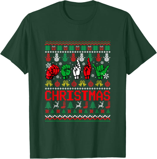 Merry Christmas Sweater ASL Hand Sign Language Lover Family T-Shirt - T-Shirt | Forest