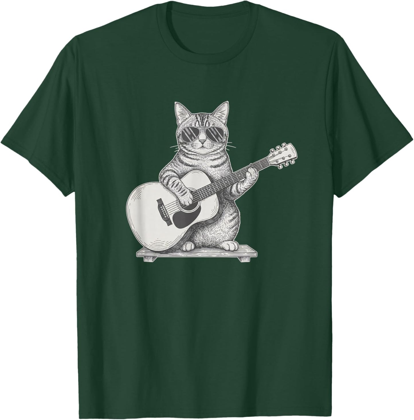 Tabby Cat Playing Acoustic Guitar Cool Sunglasses Musician T-Shirt - T-Shirt | Forest