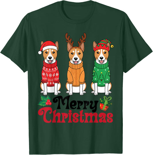 Basenji Dogs in Sweaters Santa Reindeer Elf Merry Christmas T-Shirt - T-Shirt | Forest