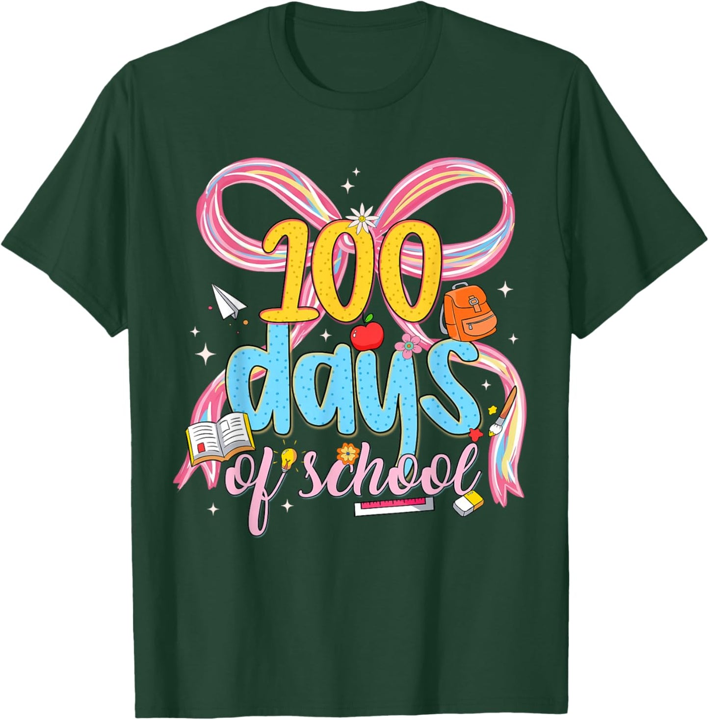 Happy 100 Days of School Cute Coquette Bow Girl Kid Teacher T-Shirt - T-Shirt | Forest