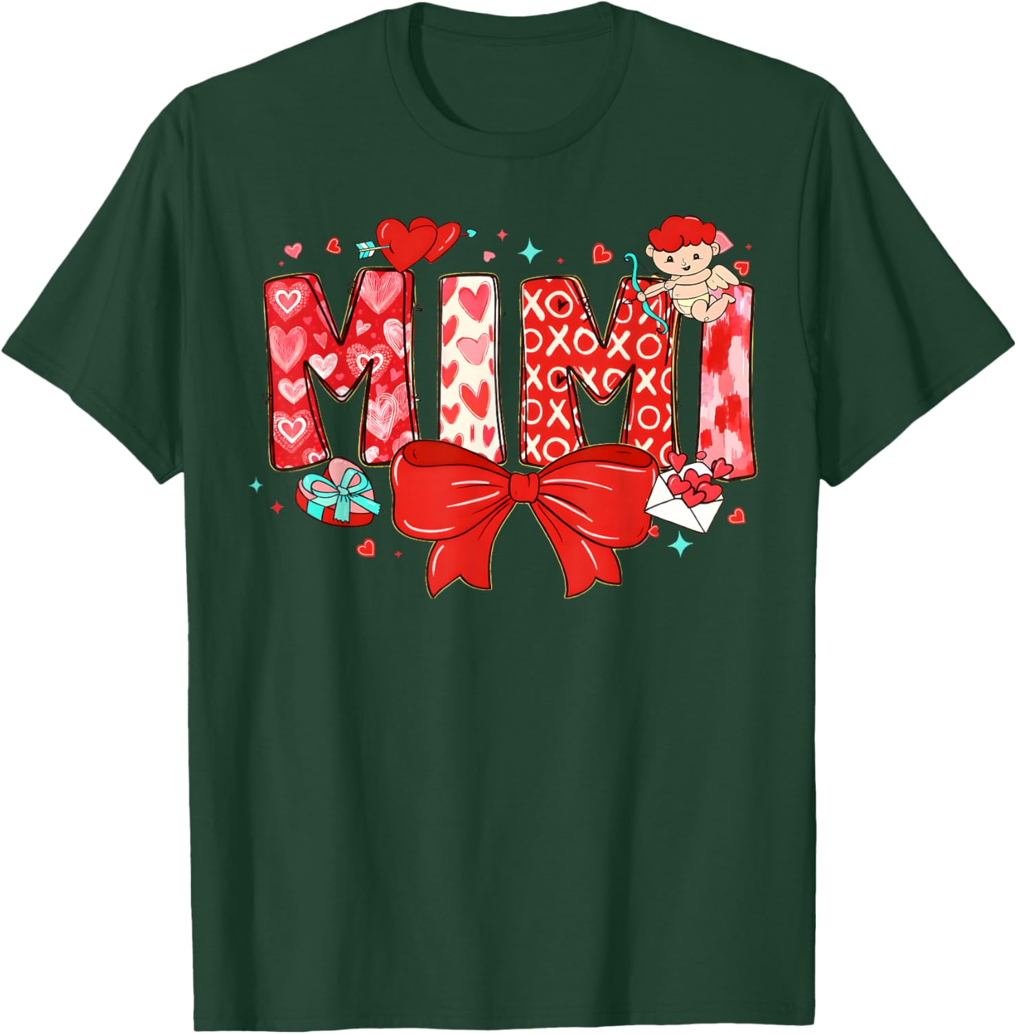 Valentine Mimi Coquette Bow Heart Cupid Mom Mother Women T-Shirt - T-Shirt | Forest
