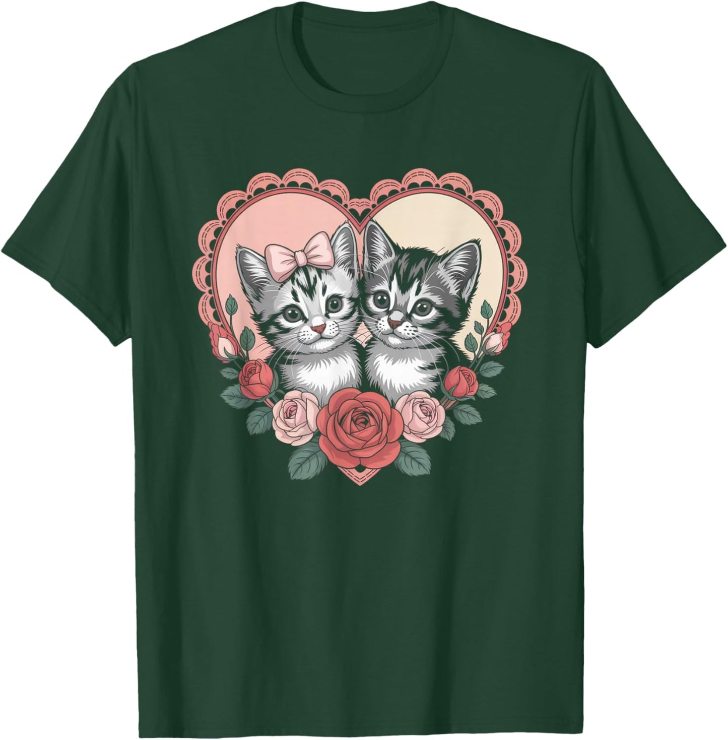 Cute Kittens in Heart with Roses Romantic Cat T-Shirt - T-Shirt | Forest