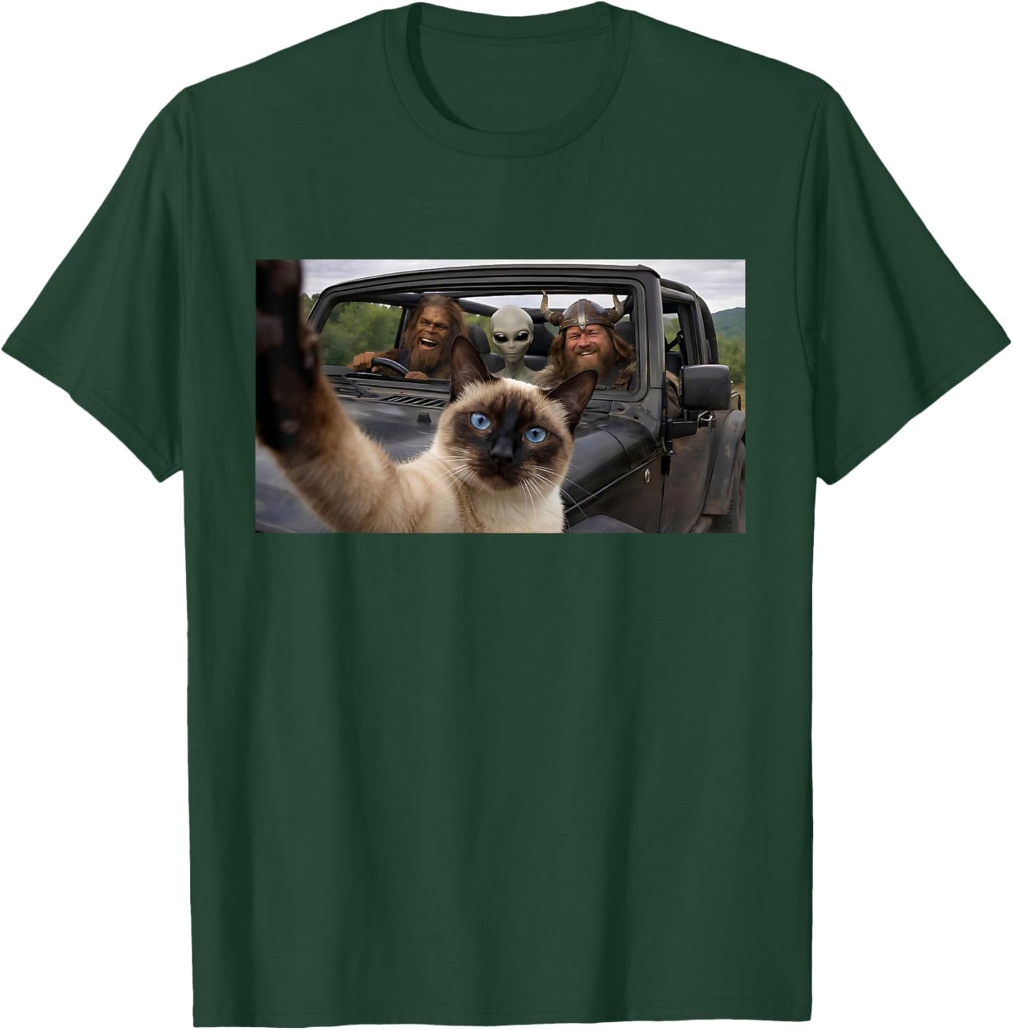 SUV Road Trip Siamese Cat Selfie with Alien Bigfoot Viking T-Shirt - T-Shirt | Forest