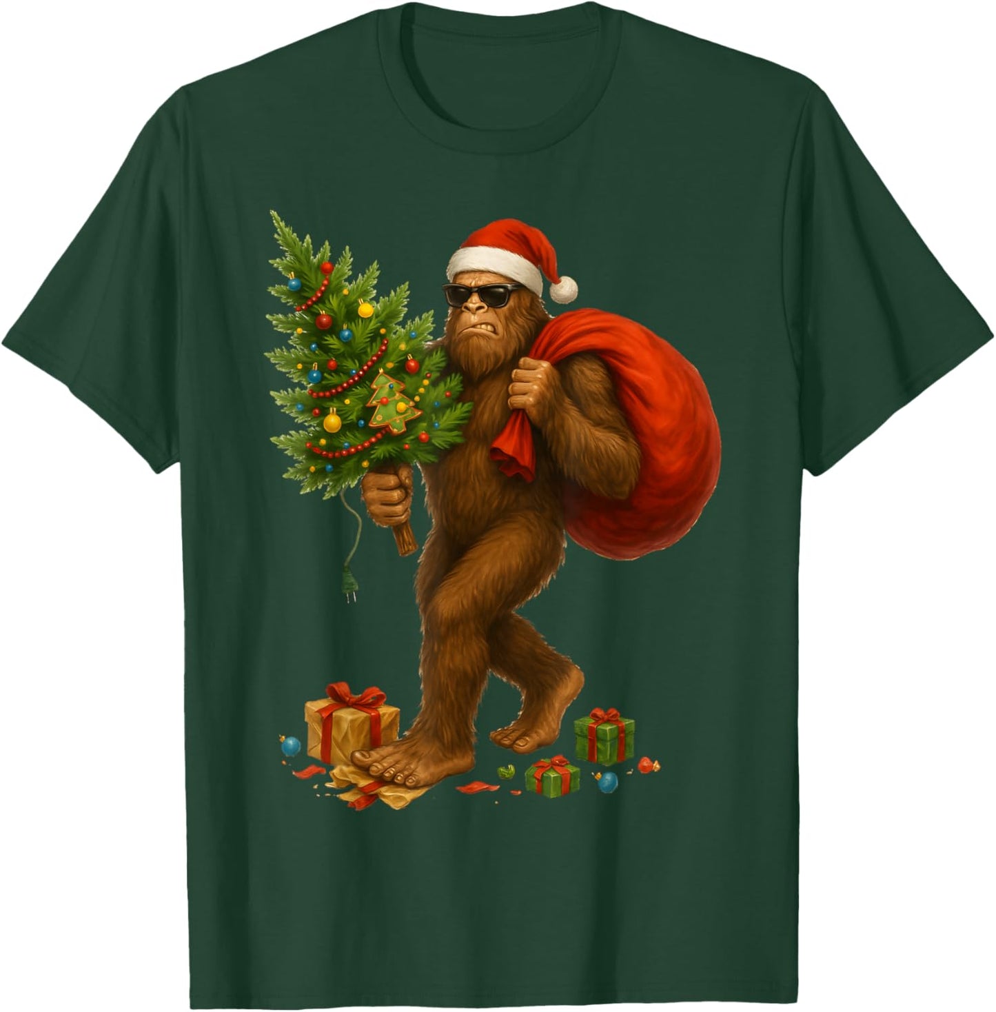 Angry Bigfoot Santa Christmas Tree Lights Xmas Men Sasquax T-Shirt - T-Shirt | Forest