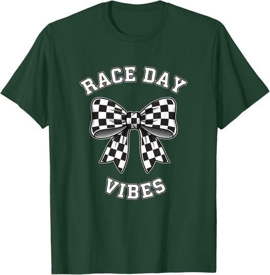 Car Race Day Vibes Checkered Bow Racing T-Shirt - T-Shirt | Forest