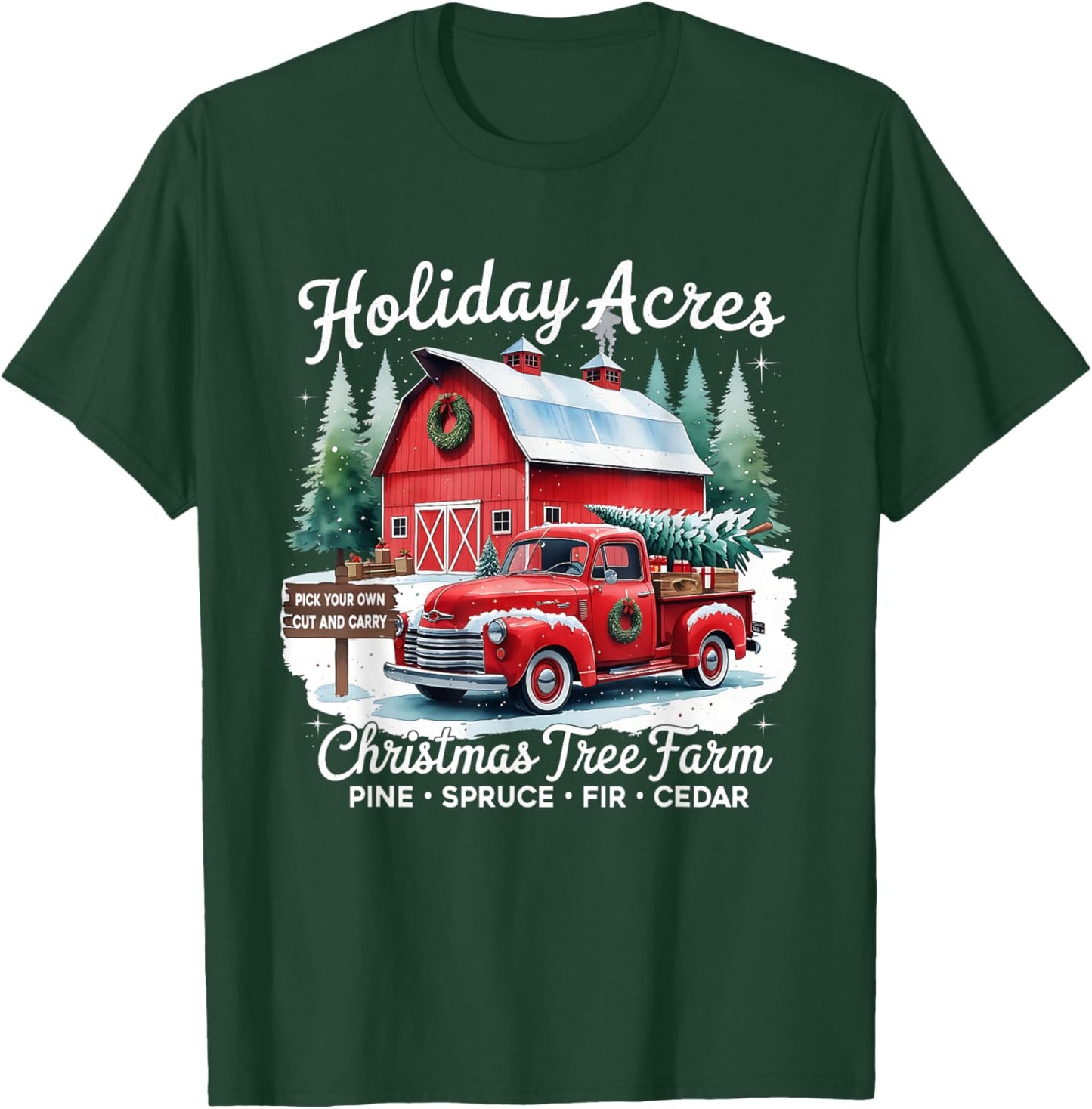 Vintage Red Truck Holiday Acres Christmas Tree Farm T-Shirt - T-Shirt | Forest