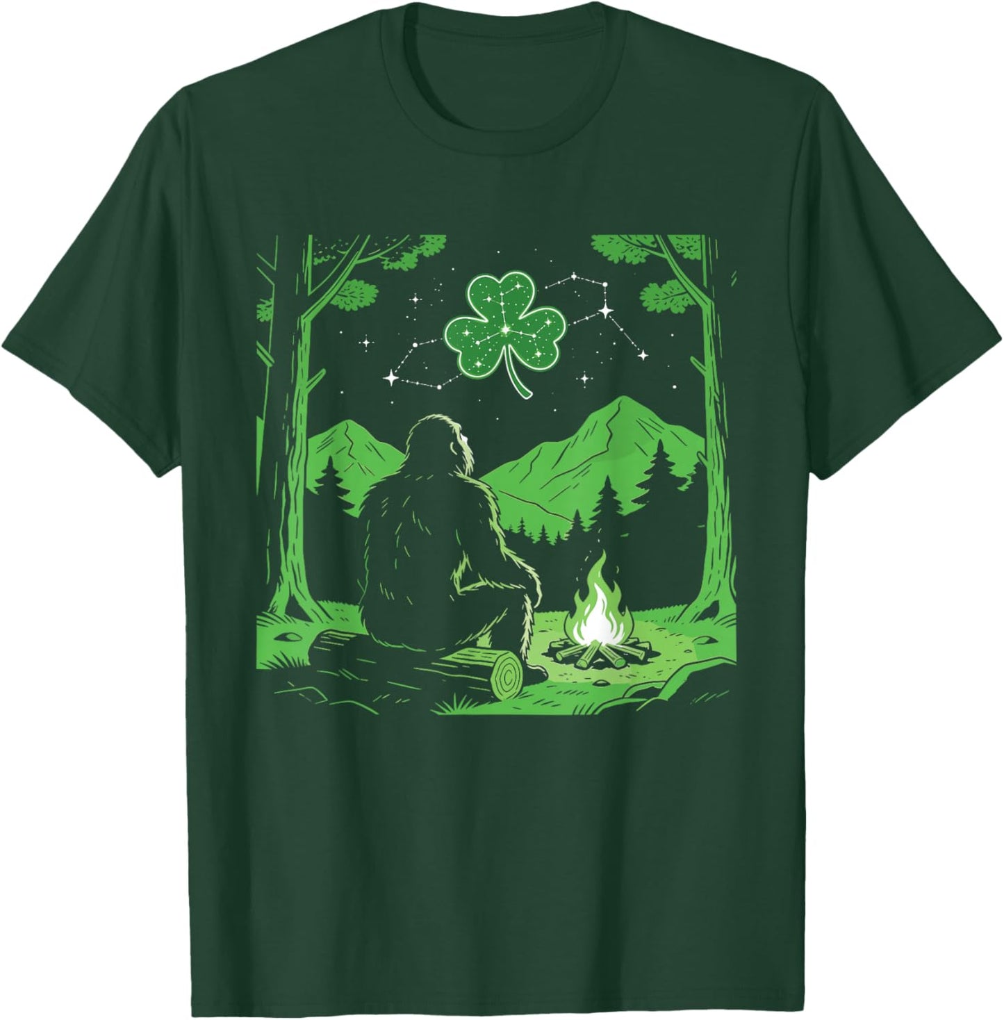 St Patricks Day Bigfoot Sasquatch Shamrock Firecamp T-Shirt - T-Shirt | Forest