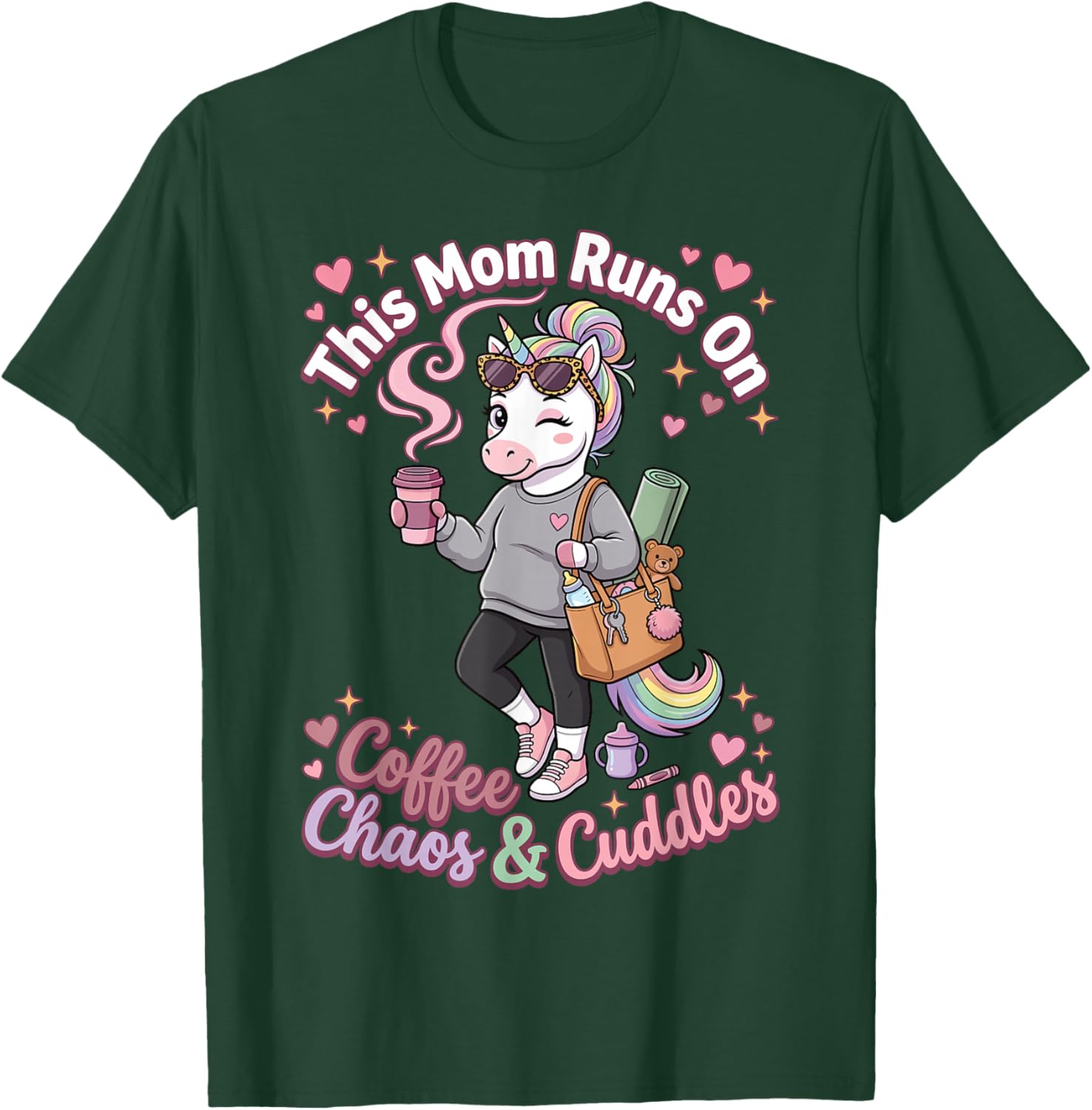 This Mom Runs On Coffee Chaos and Cuddles Unicorn Mom T-Shirt - T-Shirt | Forest