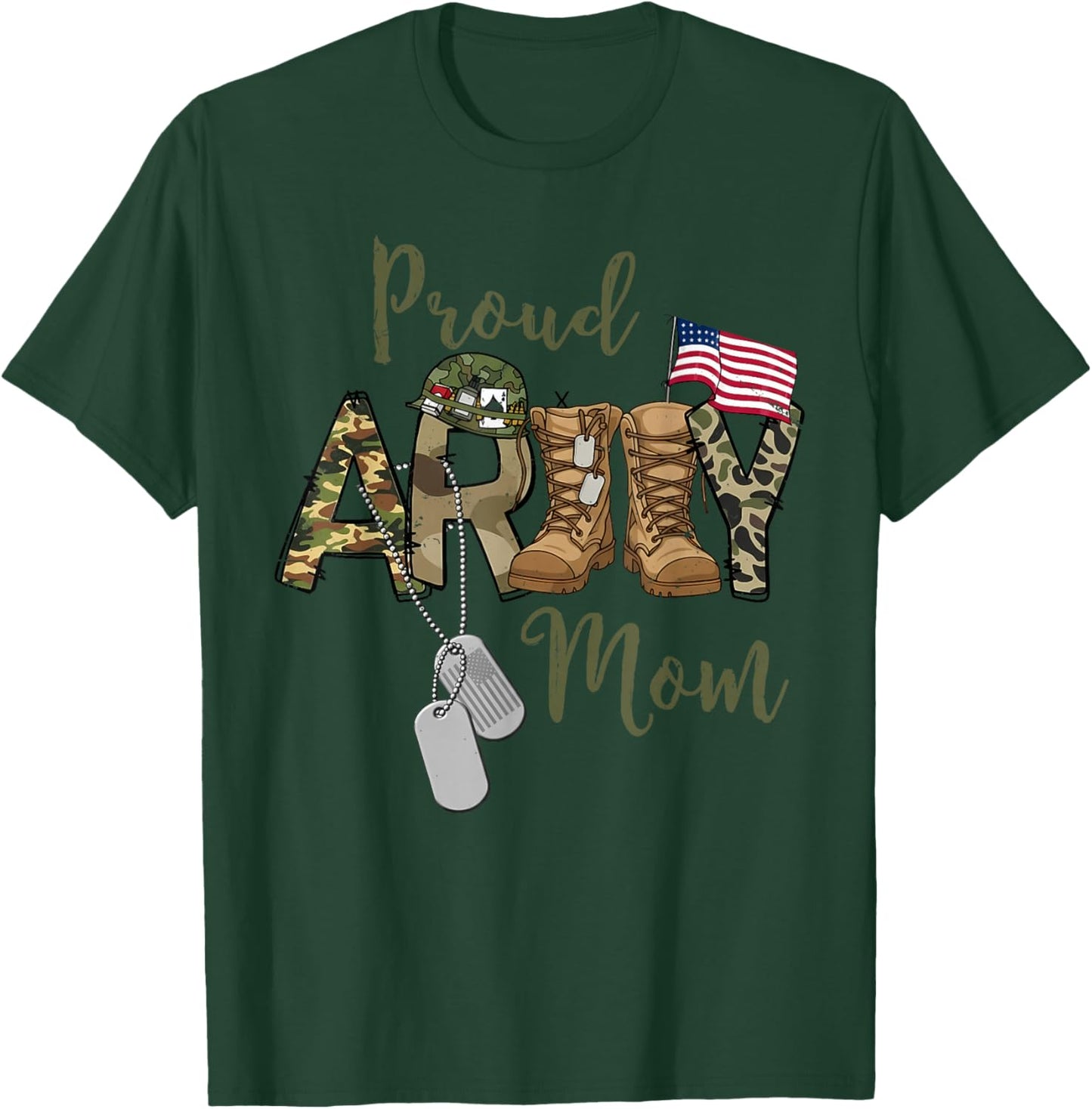 Proud Army Mom US Flag Camo Dog Tags Military Mother T-Shirt - T-Shirt | Forest