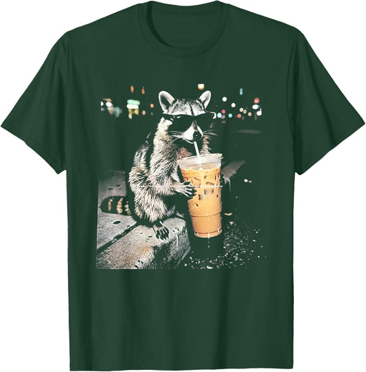 Funny Raccoon Drinking iced Coffee T-Shirt - T-Shirt | Forest