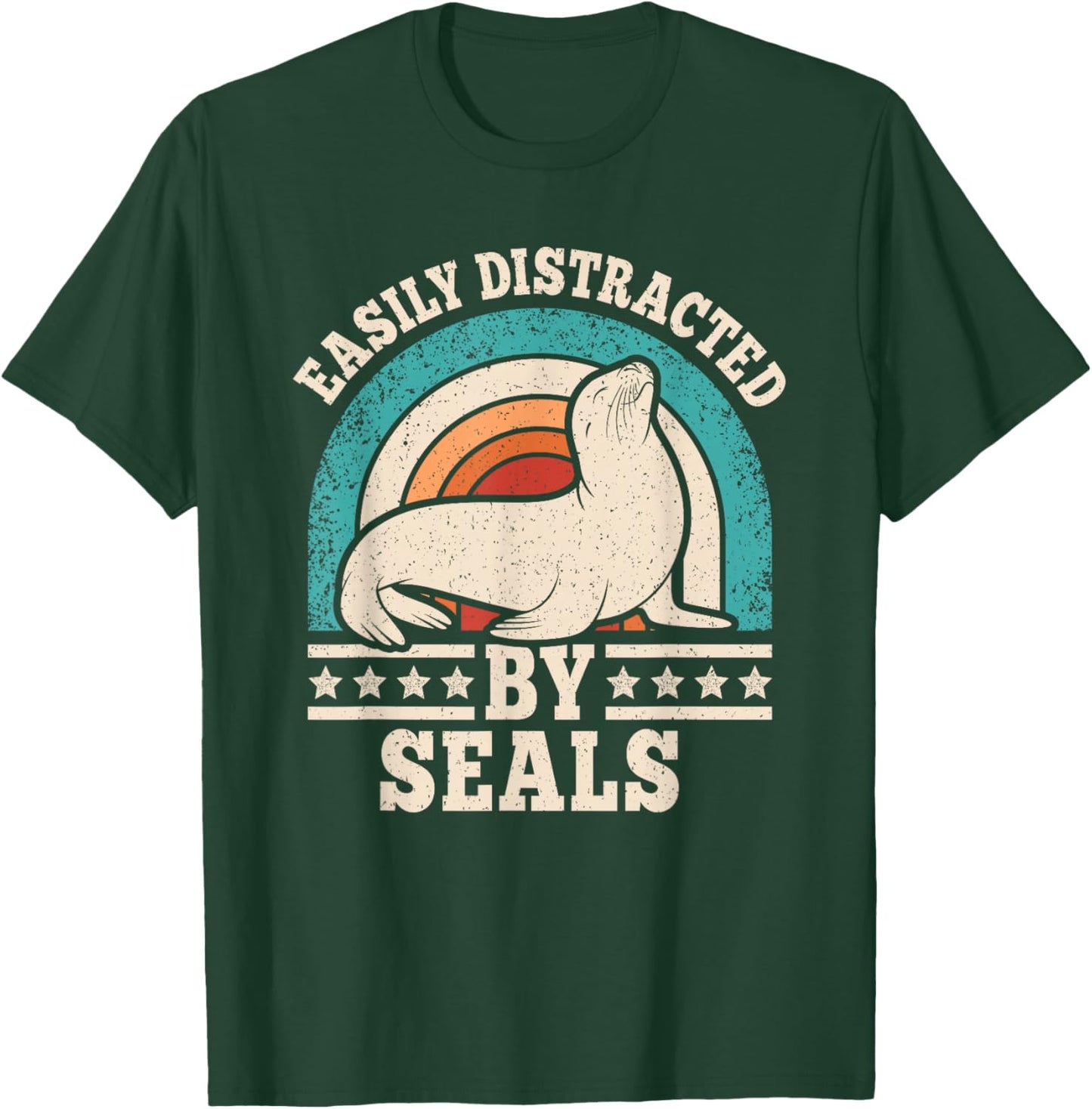 Easily Distracted by Seals Retro Seal Men Women T-Shirt - T-Shirt | Forest