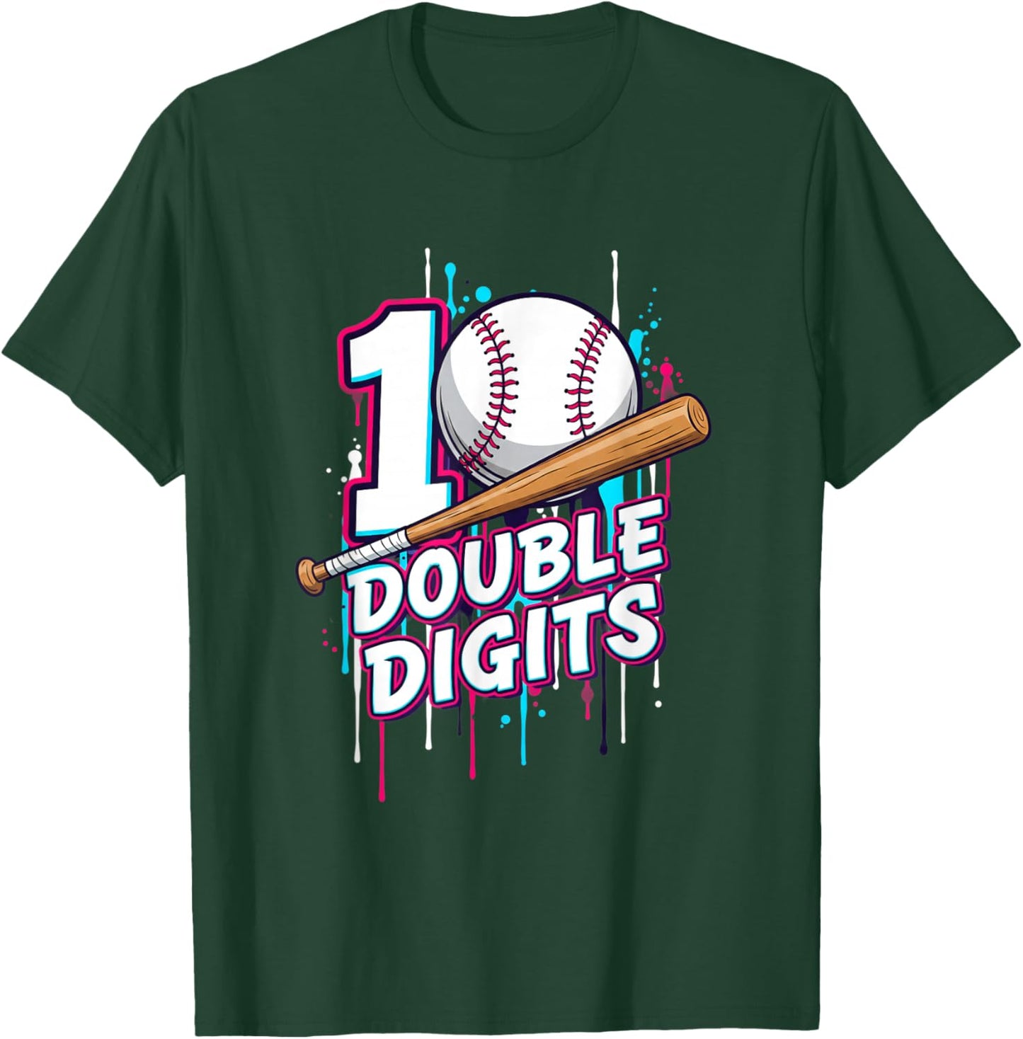 Baseball Double Digits 10th Birthday Drip Design T-Shirt - T-Shirt | Forest