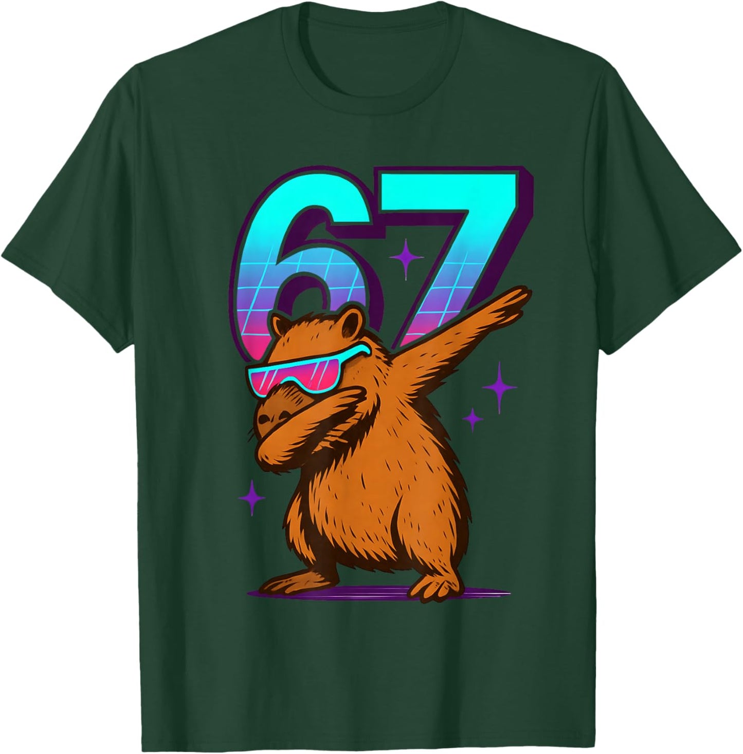 Neon Retro Dabbing Capybara 67 Meme Capy Lover Teens Kids T-Shirt - T-Shirt | Forest