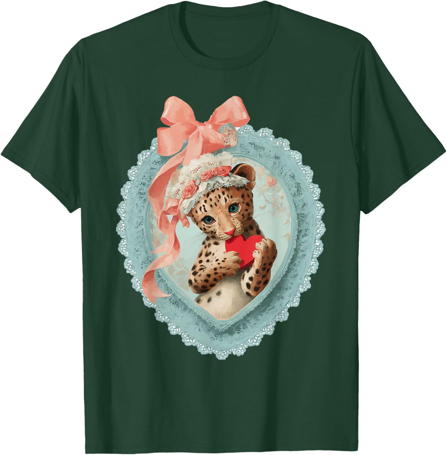 Cute Leopard Valentine with Heart Vintage Animal Coquette T-Shirt - T-Shirt | Forest