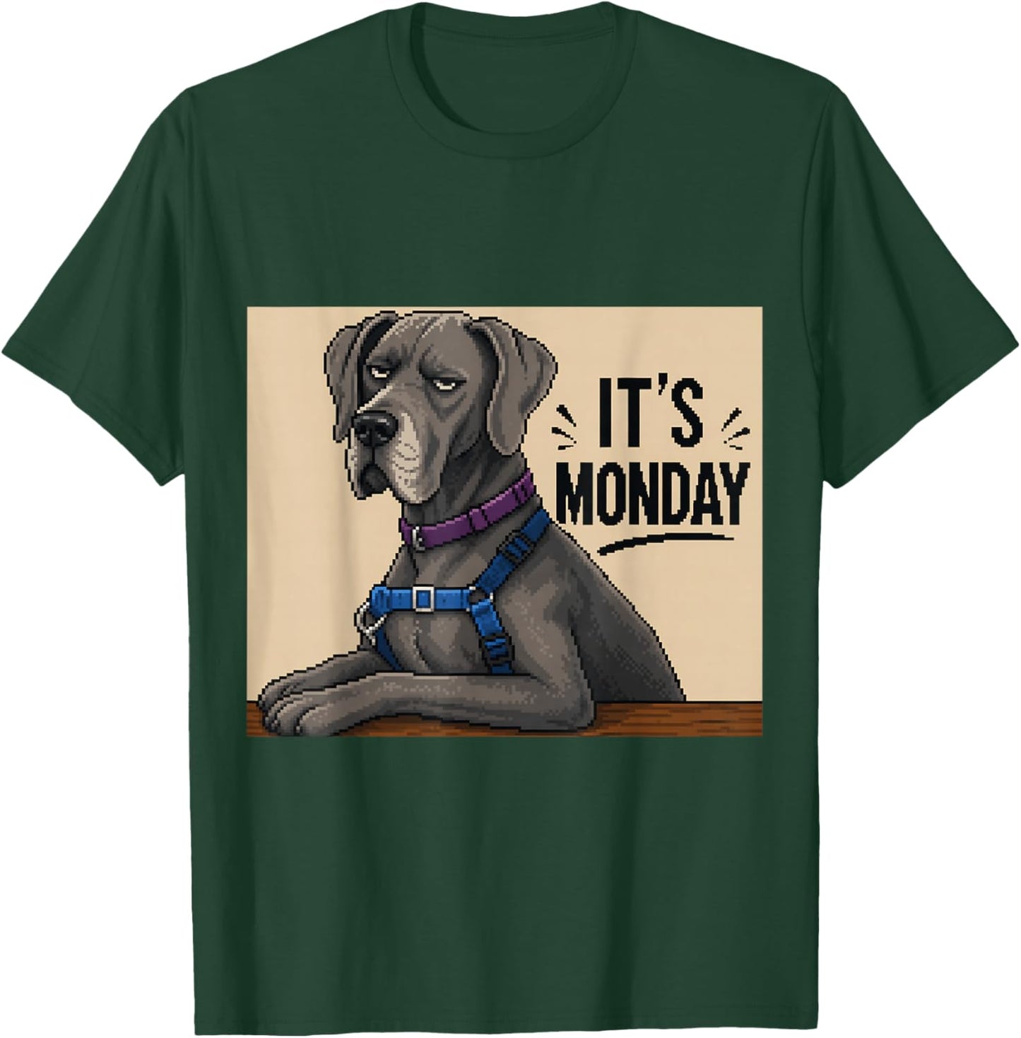 Funny Grumpy Dog Monday Pixel Art Great Dane T-Shirt - T-Shirt | Forest