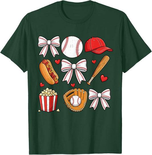 Cute Baseball Bow Girls Baseball Mom Mama Game Day T-Shirt - T-Shirt | Forest