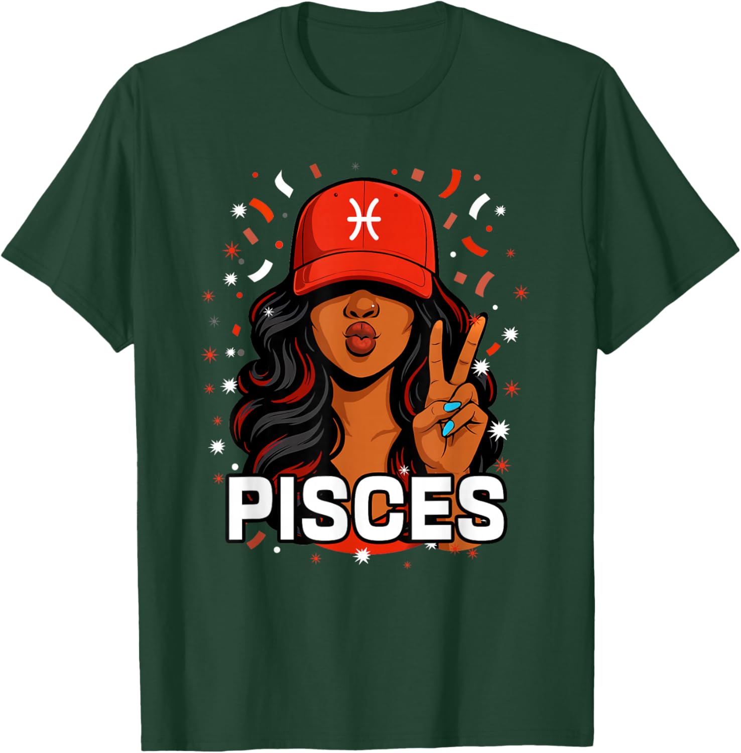 Pisces Black Woman Red Hat Symbol Birthday Zodiac T-Shirt - T-Shirt | Forest