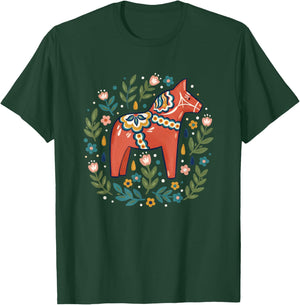 Dala Horse Folk Art Floral Farm Animals Horse Swedish Folk T-Shirt - T-Shirt | Forest
