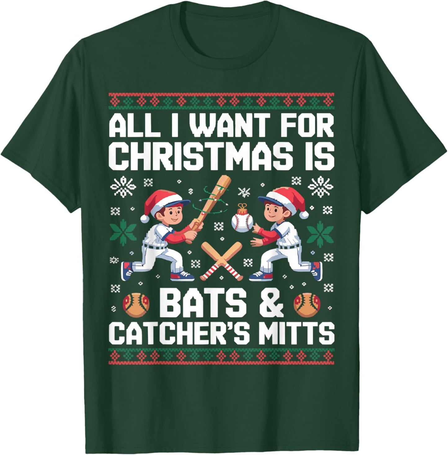 Funny Christmas Baseball Bats Catcher Mitts Holiday T-Shirt - T-Shirt | Forest