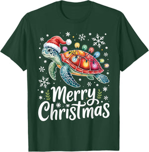 Merry Christmas Sea Turtle Christmas Lights Santa Hat Party T-Shirt - T-Shirt | Forest