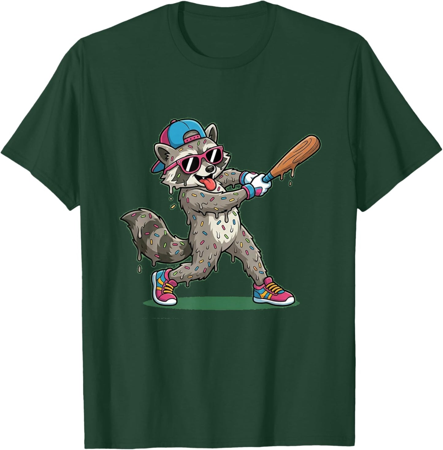 Funny Baseball Raccoon Donut Sprinkle Hitter Trash Panda T-Shirt - T-Shirt | Forest