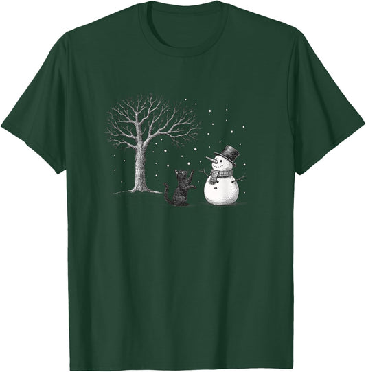 Snowman with Black Cat Christmas Let it Snow Holiday Season T-Shirt - T-Shirt | Forest