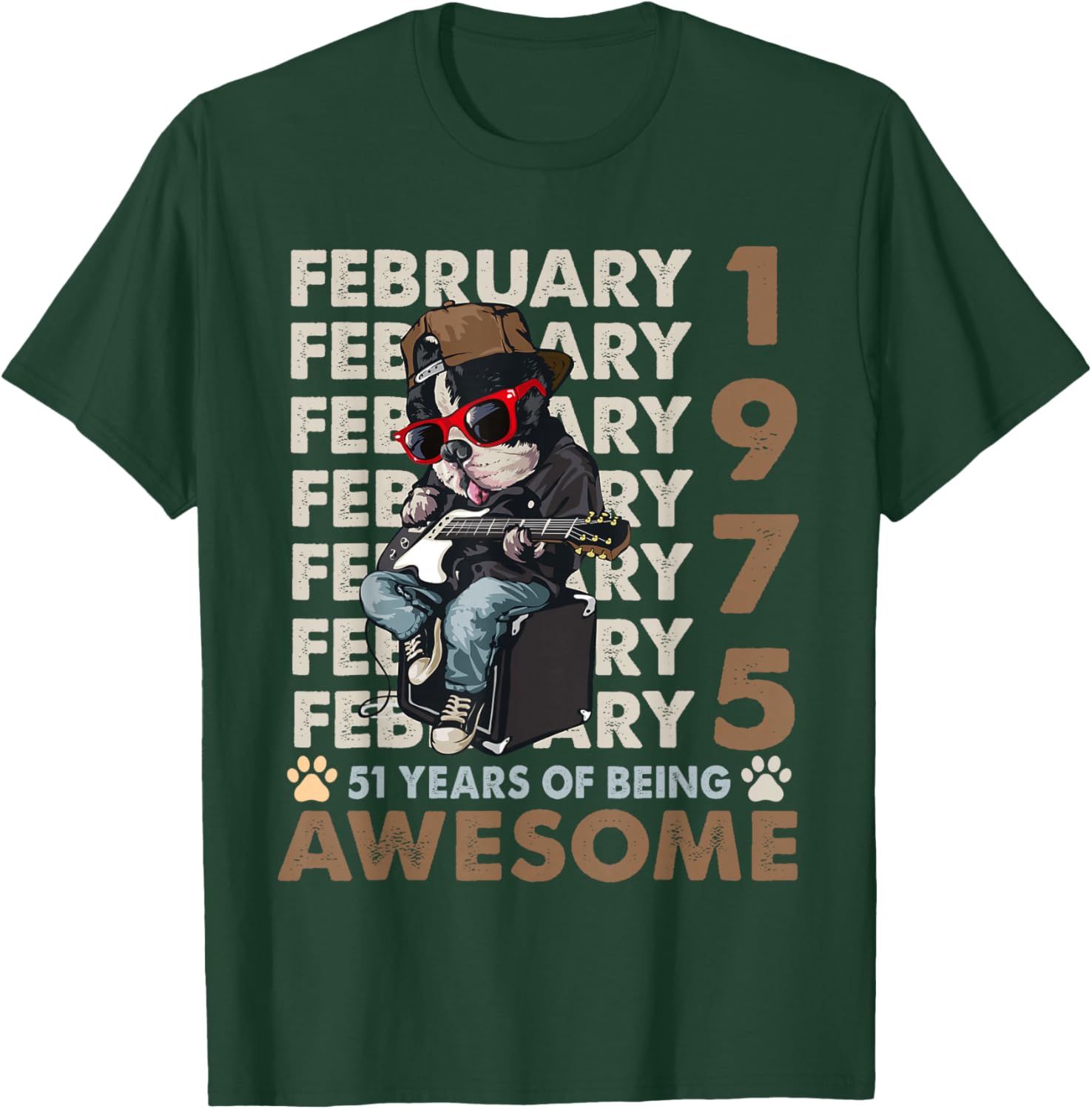 51st Birthday Dog Lover February 1975 Vintage 51 Years Old T-Shirt - T-Shirt | Forest