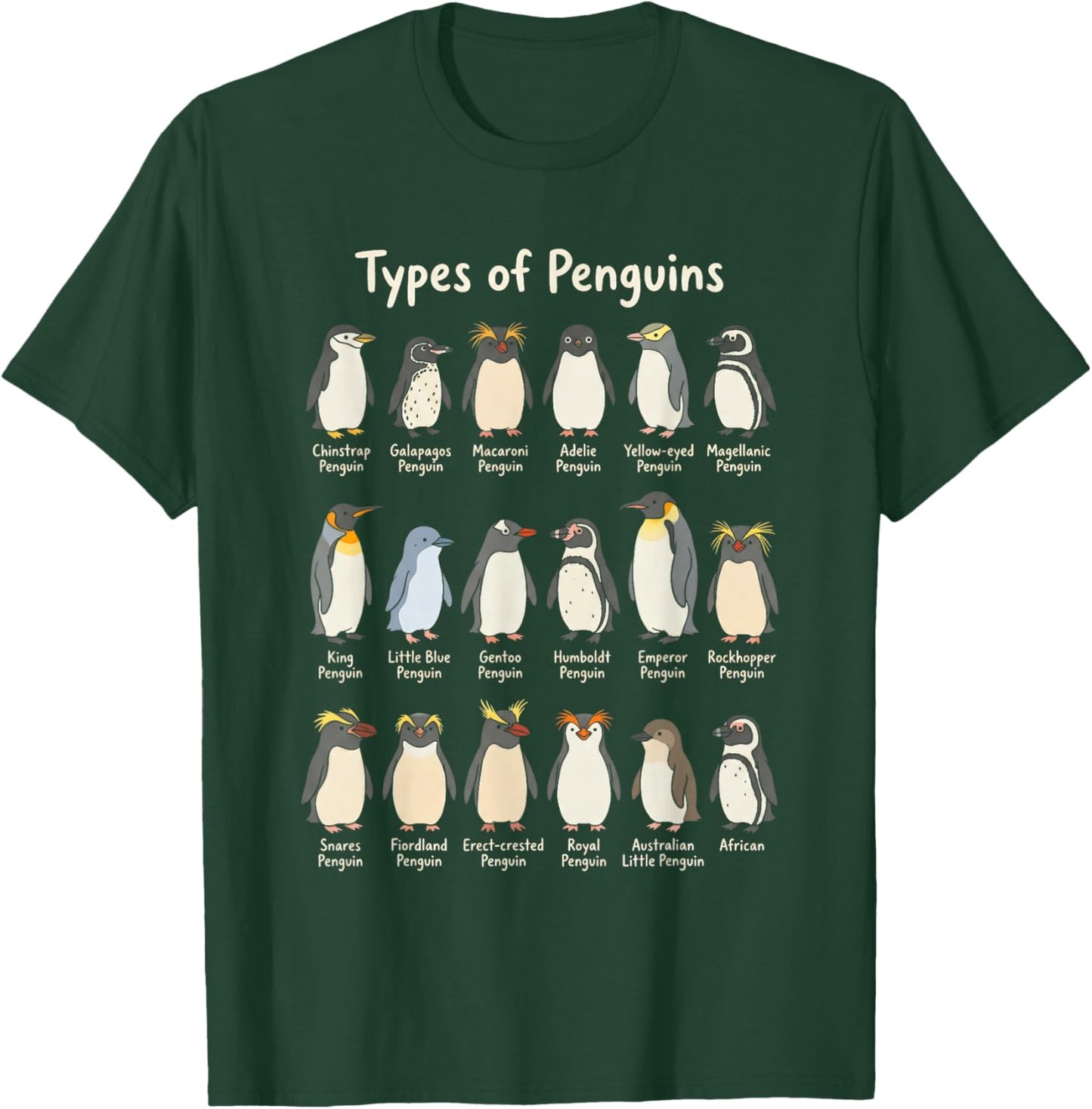 Types of Penguins Species Chart Antarctic Birds Design T-Shirt - T-Shirt | Forest