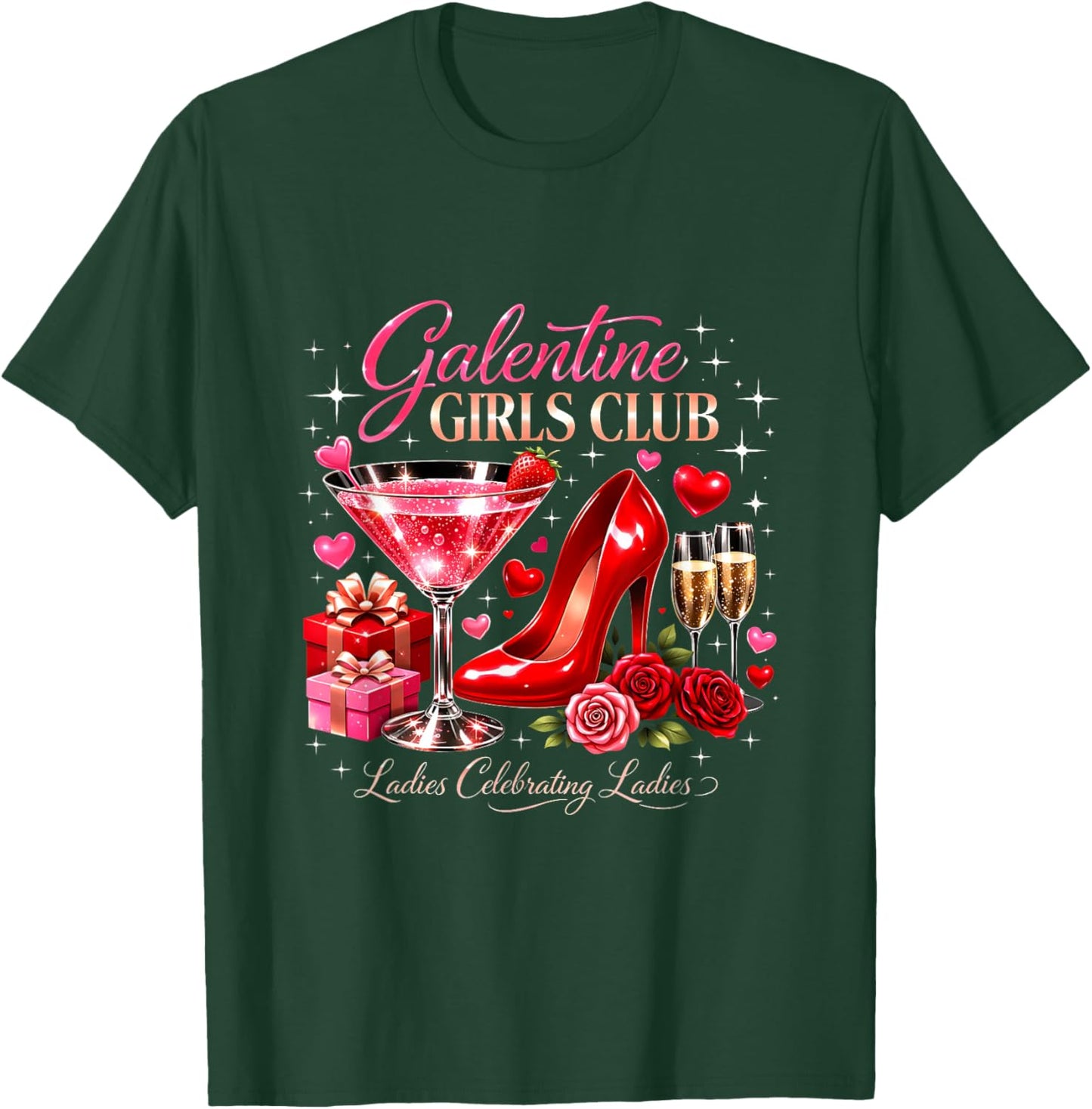 Galentine Girls Club Ladies Celebrating Martini Glass Party T-Shirt - T-Shirt | Forest