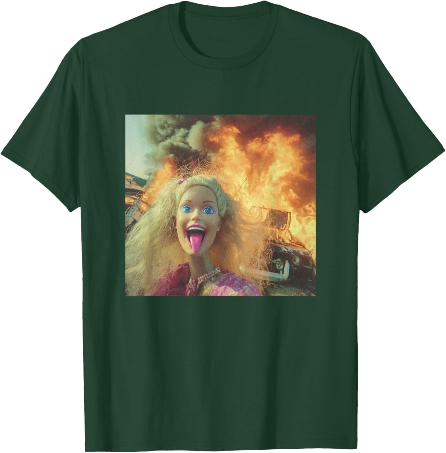 Doll Selfie in Front of Fire Funny Chaos Meme T-Shirt - T-Shirt | Forest