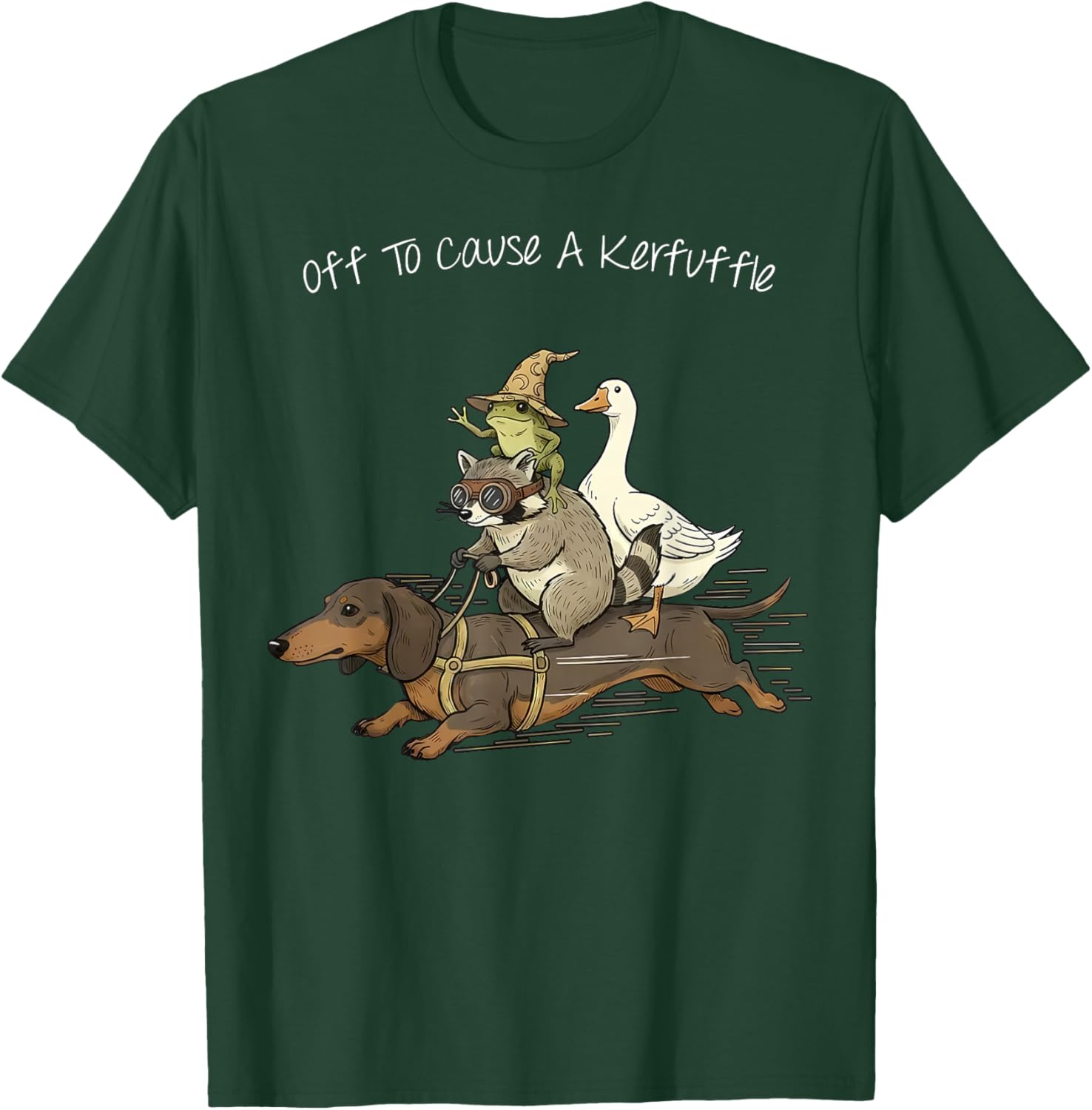 Off to Cause A Kerfuffle Frog Raccoon Goose Riding Dachshund T-Shirt - T-Shirt | Forest