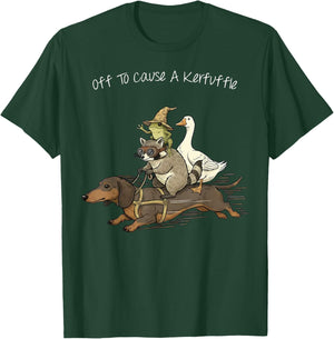 Off to Cause A Kerfuffle Frog Raccoon Goose Riding Dachshund T-Shirt - T-Shirt | Forest