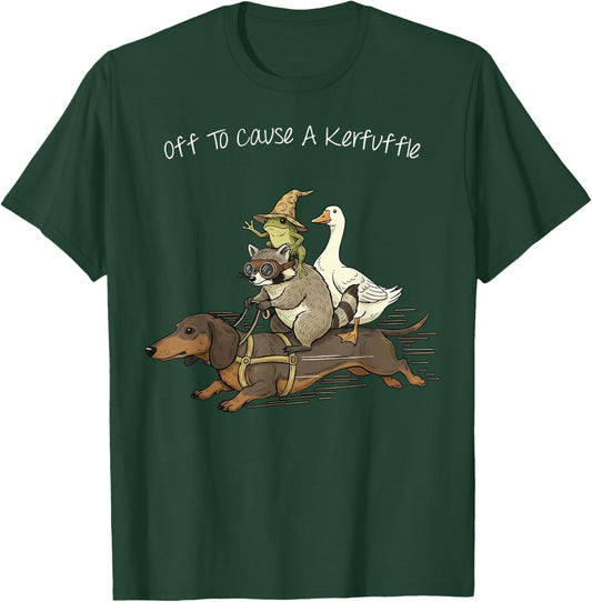 Off to Cause A Kerfuffle Frog Raccoon Goose Riding Dachshund T-Shirt - T-Shirt | Forest