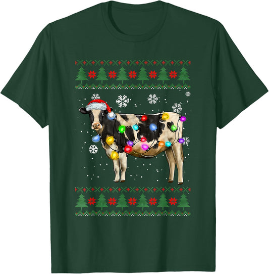 Cute Cow Santa Christmas Lights Ugly Xmas Sweater Light Up T-Shirt - T-Shirt | Forest