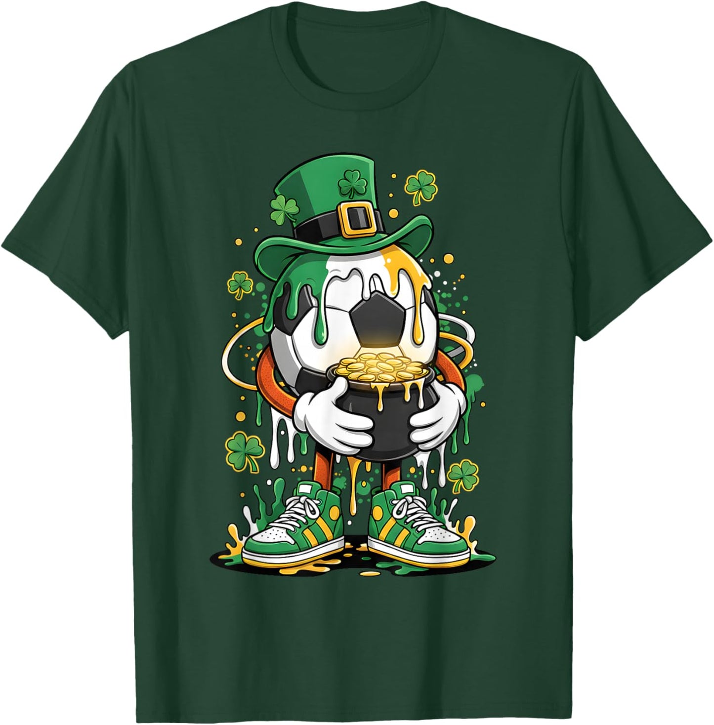 St Patrick Day Lucky Soccer Irish Shamrock Sport Drip T-Shirt - T-Shirt | Forest