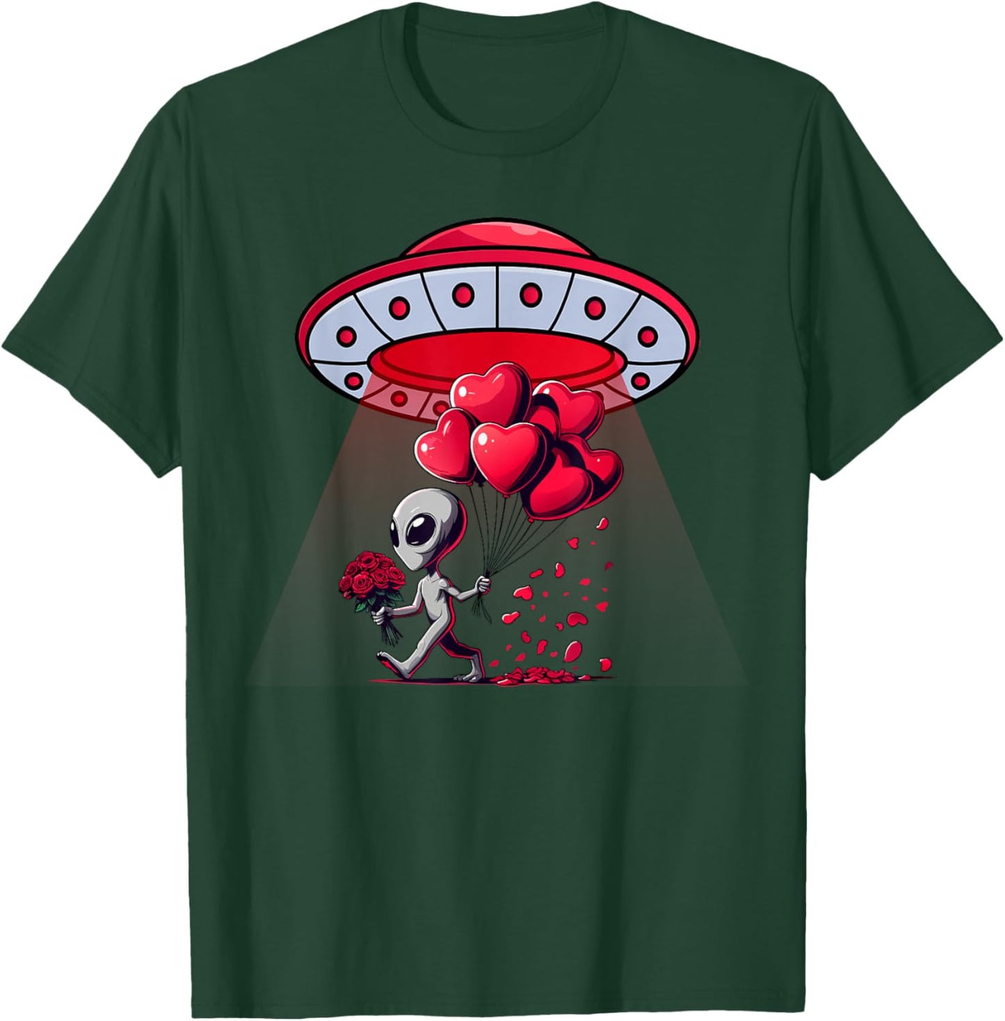Cute Alien UFO Heart Balloons Roses Romantic Space Abduction T-Shirt - T-Shirt | Forest
