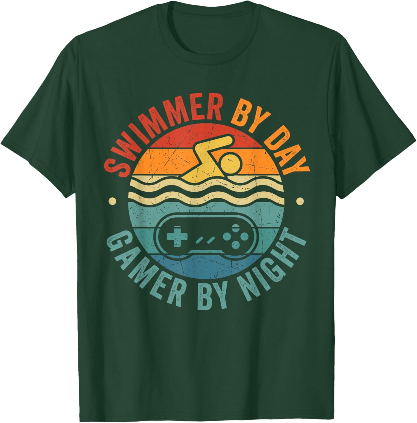 Swimmer by Day Gamer by Night Funny Swmming Gaming Boy Dad T-Shirt - T-Shirt | Forest