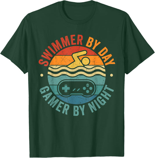 Swimmer by Day Gamer by Night Funny Swmming Gaming Boy Dad T-Shirt - T-Shirt | Forest