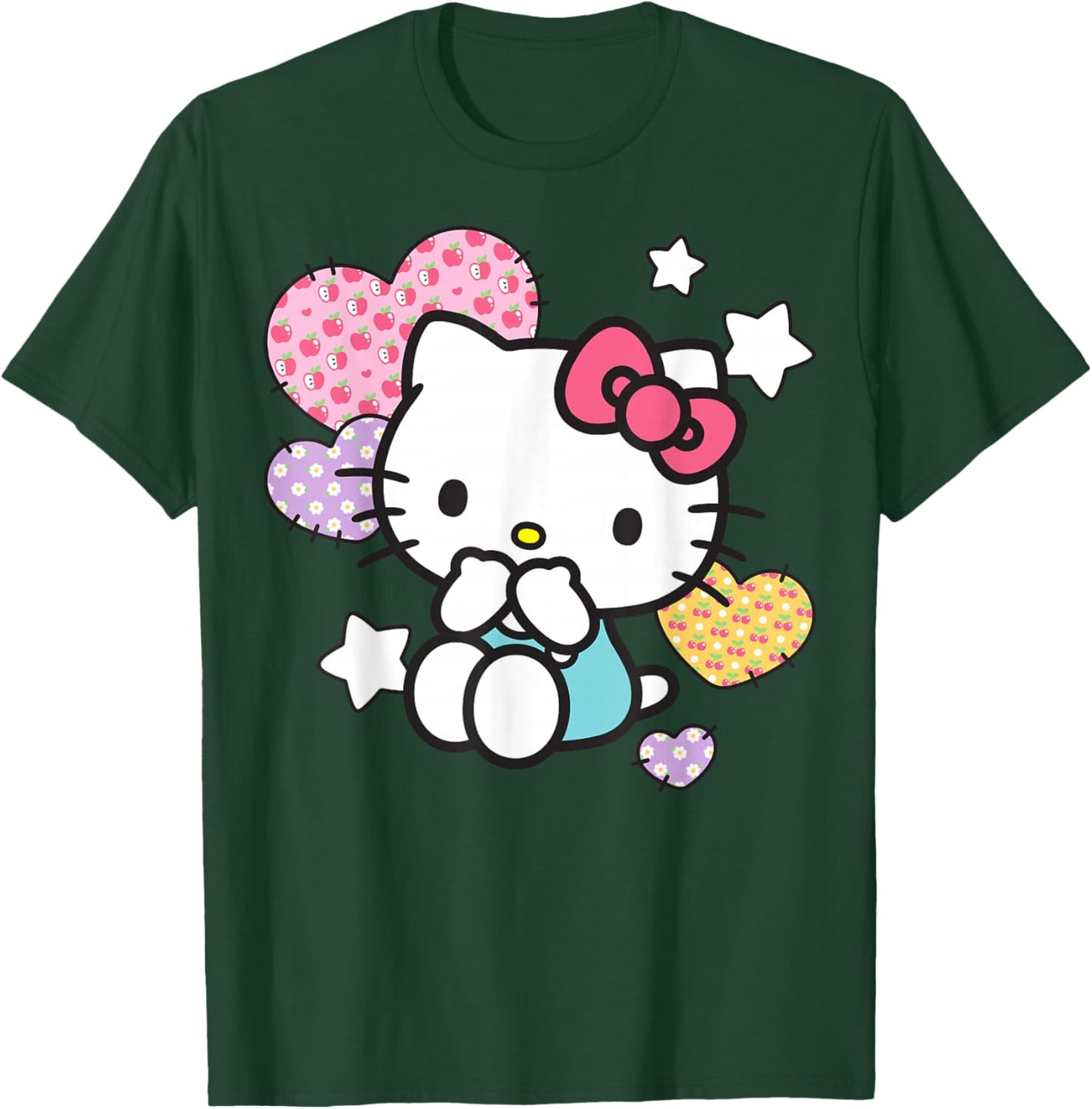 Hello Kitty Stars and Patched Hearts Apples Cherries Daisies T-Shirt - T-Shirt | Forest
