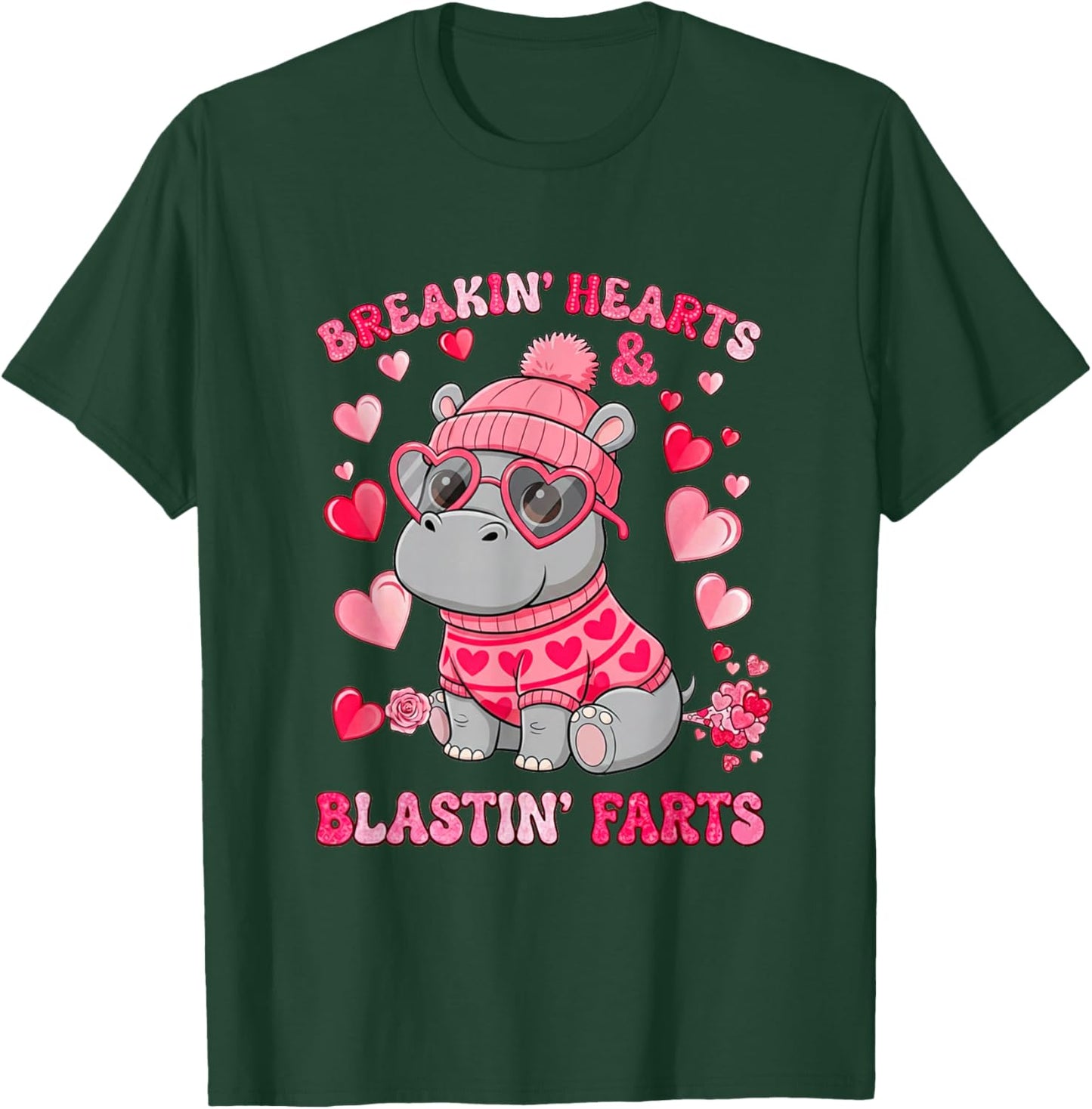 Funny Hippo Breaking Hearts Blasting Farts Valentines Day T-Shirt - T-Shirt | Forest