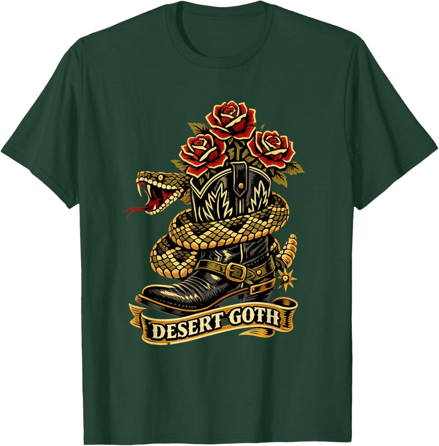 Desert Goth Traditional Tattoo Flash Boot Rattlesnake Roses T-Shirt - T-Shirt | Forest