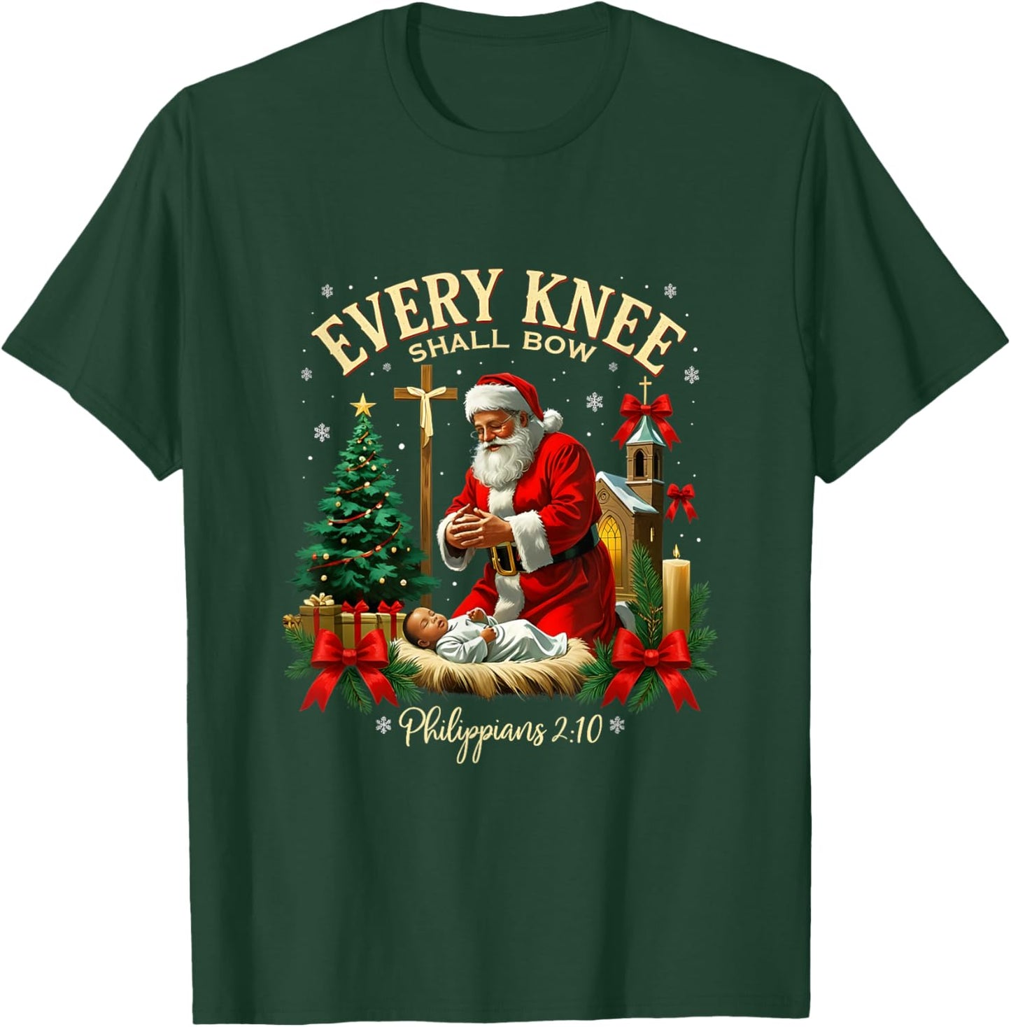 Santa Christmas Nativity Scene Xmas Every Knee Shall Bow T-Shirt - T-Shirt | Forest