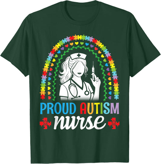 Proud Autism Nurse Awareness Puzzle Rainbow Medical Health T-Shirt - T-Shirt | Forest
