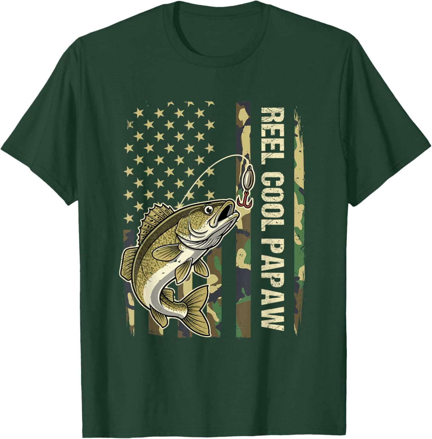 Reel Cool Papaw Walleye Fishing Camo American Flag Fisherman T-Shirt - T-Shirt | Forest