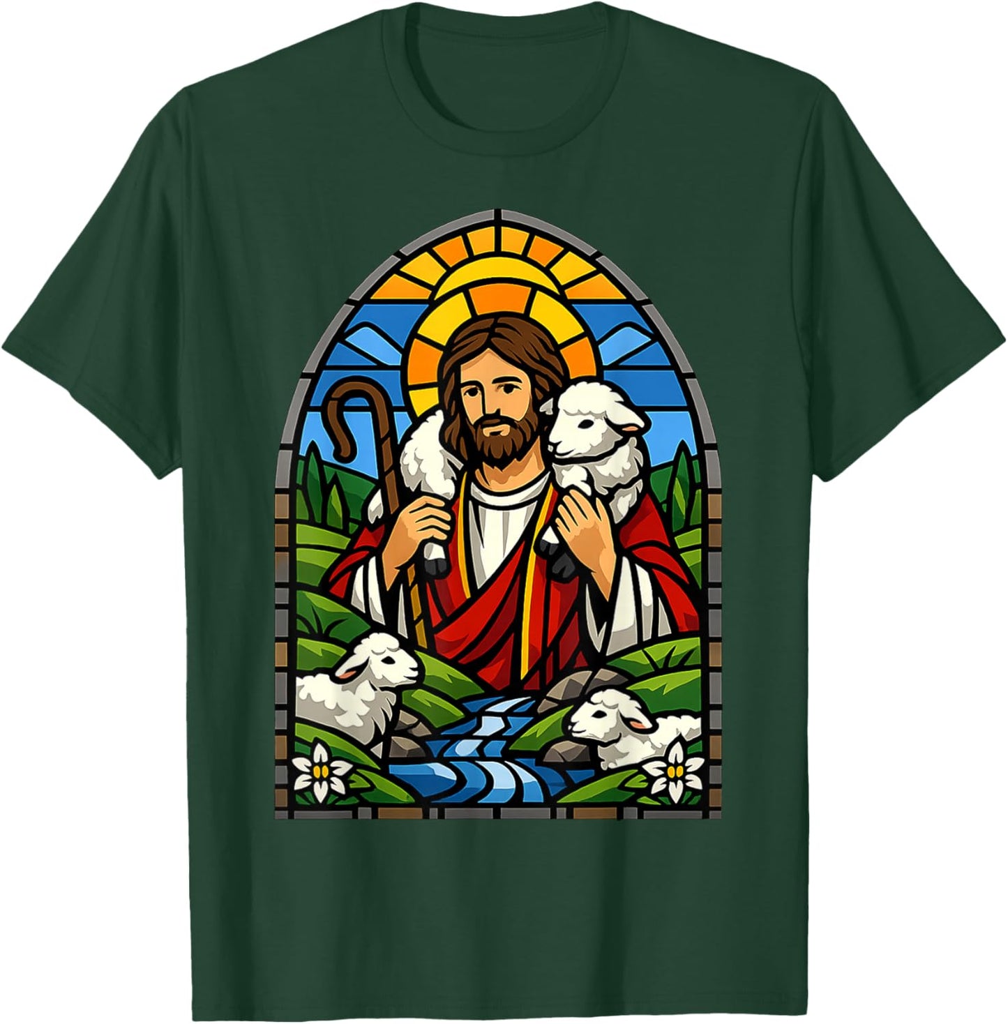 Stained Glass Jesus Shepherd with Lambs Christian Art Design T-Shirt - T-Shirt | Forest