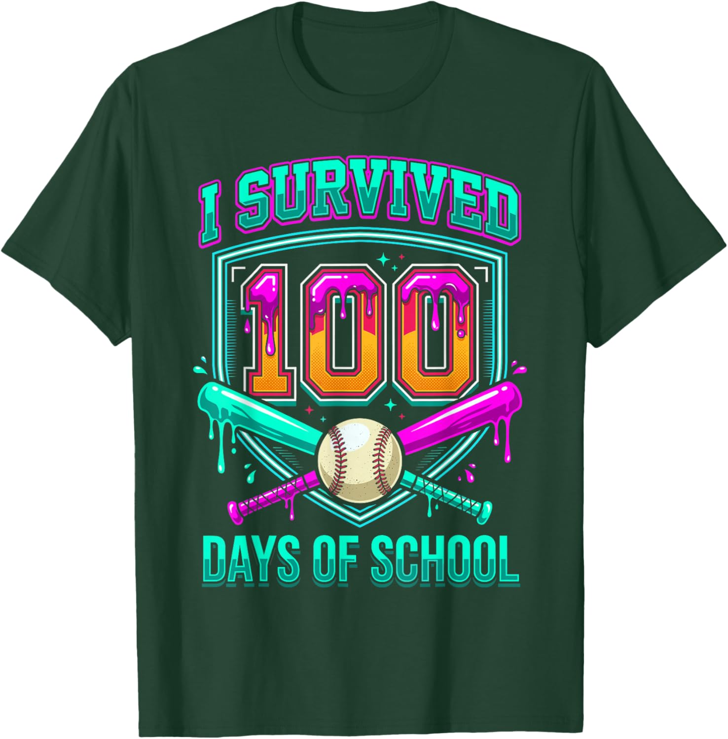 I Survived 100 Days of School Baseball Drip T-Shirt - T-Shirt | Forest