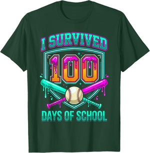 I Survived 100 Days of School Baseball Drip T-Shirt - T-Shirt | Forest