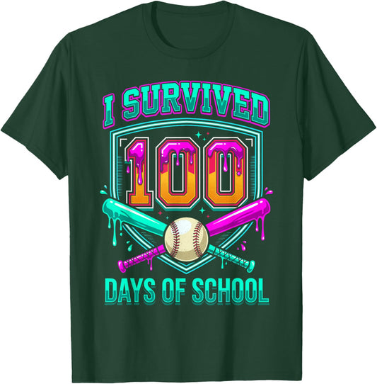 I Survived 100 Days of School Baseball Drip T-Shirt - T-Shirt | Forest